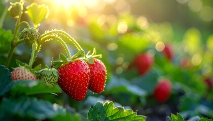 Fresh strawberries growing in a garden, ripe red berries with green leaves, natural daylight, healthy organic fruit, realistic outdoor farming scene.