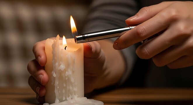 Close-up of a hand holding a lighter and igniting a tall white candle, creating a warm and inviting ambiance - Powered by Adobe