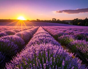 Fototapeta premium Lavender field at sunset, rows extending to the horizon with the sunburst behind