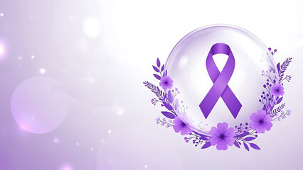 Purple ribbon in floral wreath on purple background