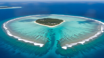 Aerial view of a heart-shaped coral reef surrounding a lush island in the ocean