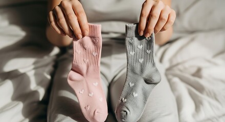 Hands holding two cozy socks, one pink and one gray, adorned with heart patterns, symbolizing comfort and personal style in the daily ritual of choosing attire