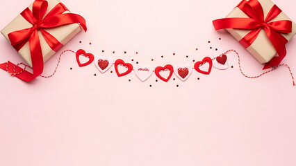 Valentines day gifts with red hearts on pink background