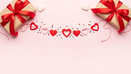 Valentines day gifts and hearts on pink background