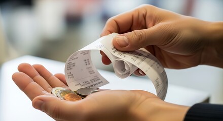 Close-up of hands holding a crumpled paper receipt and various coins, symbolizing everyday expenses, budgeting, and the careful management of personal finances