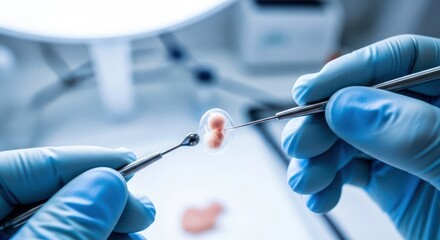 Examination of human embryo in laboratory with gloved hands and instruments, a scientific