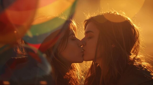 Valentine day.colorful balloon bubble sunlight child valentine day moment of dreamy warm joy gentle play outdoor scene romantic couple kiss lesbian couple same sex love sunset light lgbt pride