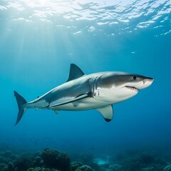 Obraz premium Great White Shark Swimming in the Ocean Depths with Sunlight.