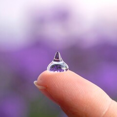 Close-up of a water droplet perched on a fingertip with blurry purple background