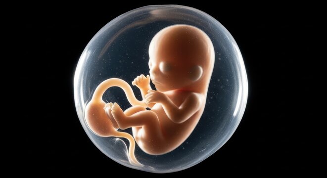A captivating conceptualization of a human embryo nestled within its protective amniotic sac
