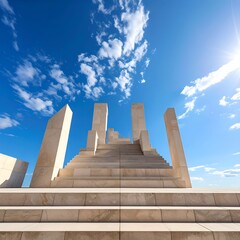 Stone stairs lead toward sky with columns, bright sunlight above