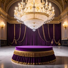 Luxurious ballroom with a grand chandelier and purple stage