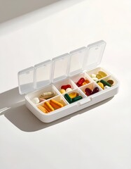 A pill organizer holding a variety of colorful capsules and tablets