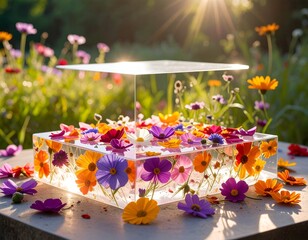 Colorful flowers encased in a transparent cube, sunny garden backdrop