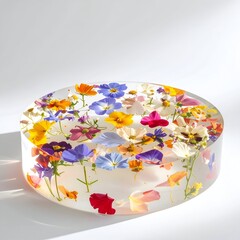 Floral arrangement encased in clear resin, colorful petals visible