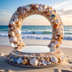 Seashell-adorned pedestal frames an ocean view
