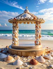 Shell-covered gazebo on sandy beach, ocean backdrop under a bright sky