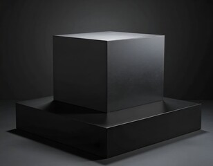 A dark geometric sculpture featuring a cube on a rectangular pedestal