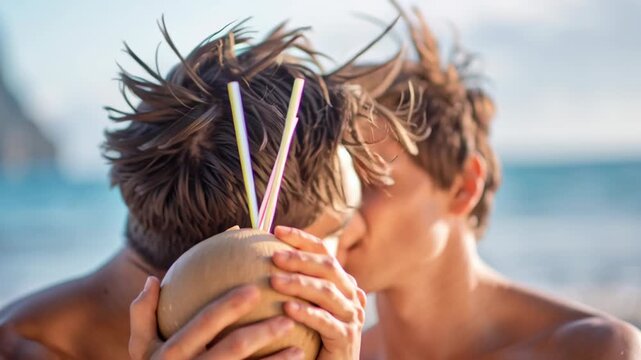 Valentine day.romantic gay couple adult male lgbt love romance on beach holding coconut drink with straw pet in tropical sun valentine day mood tender kiss summer holiday ocean background