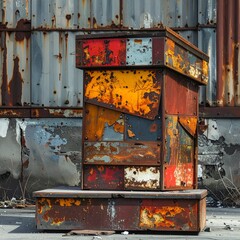 Weathered rectangular structure with rusted metal panels, outdoor setting