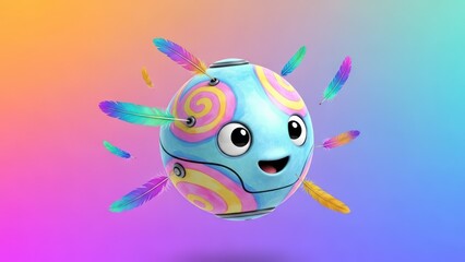 Colorful cartoon character with feathers on gradient background