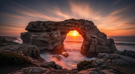 A stunning natural rock formation with a stunning sunset in the background.