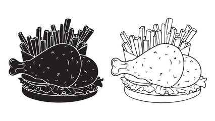 Chicken and fries food illustration silhouette on transparent background