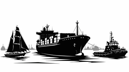 Container ship assisted by tugboat with sailboat nearby. © Hini