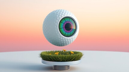 Surreal Floating Eye with Grass and Flowers in Pastel Sky