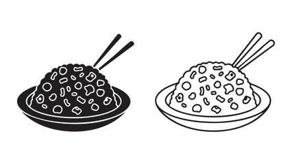 Black and white rice bowl with chopsticks silhouette on transparent