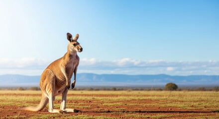 A kangaroo standing on a grassy plain with a clear blue sky in the background.