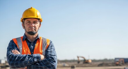 Obraz premium A man in a yellow hard hat and orange safety vest standing on a construction site with a construction vehicle in the background.