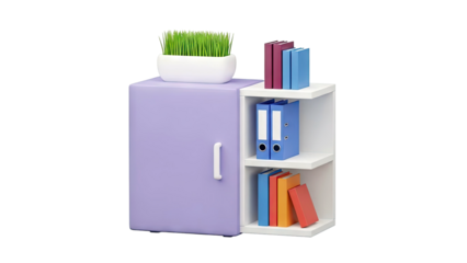 Office furniture with plant, books, and binders on a white background