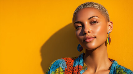 Vibrant and sun-drenched lifestyle portrait of a woman with a blonde buzz cut against a bold yellow wall, symbolizing radiant confidence, modern beauty, and global vitality