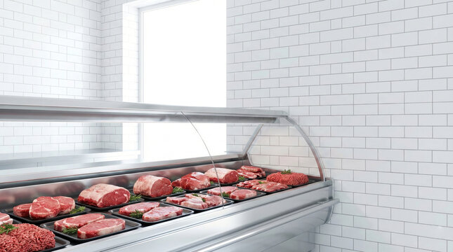 Fresh raw meat display case in clean butcher shop