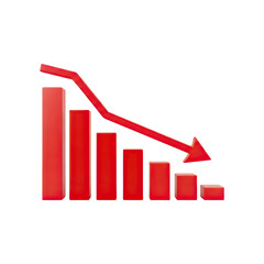 Red bar chart showing decreasing market trend and arrow pointing down for crisis concept