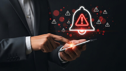 Cyber Security Alert and Emergency Notification Concept with Businessman Receiving Warning Signals on Smartphone