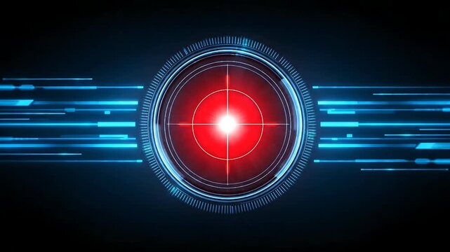 A futuristic target icon glows bright red on a dark background with blue motion streaks, viewed from a straight-on perspective as a digital illustration