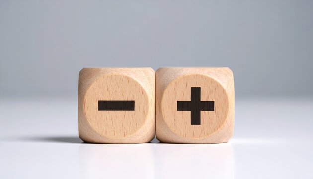 Wooden Blocks with Plus and Minus Symbols Representing Pros and Cons.