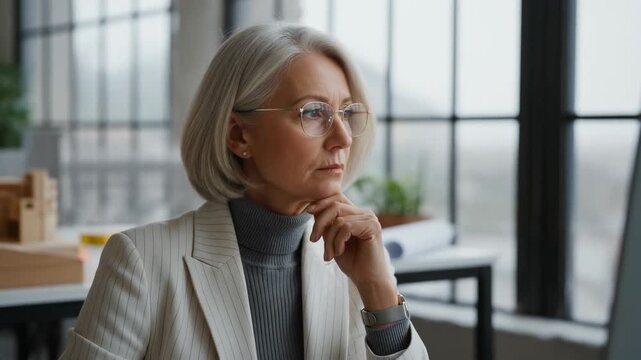Senior adult female entrepreneur executive manager, calm thoughtful professional presence, grey hair glasses turtleneck blazer modern office