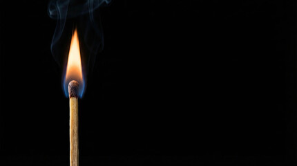 Single burning matchstick flame with heat and smoke