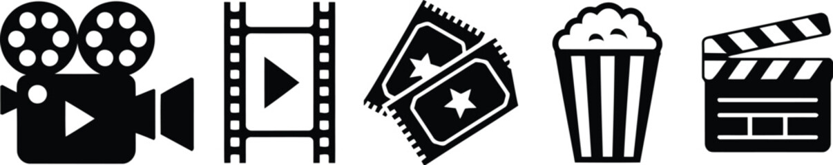 Fototapeta premium A horizontal row of simple black icons depicting essential elements of film and cinema