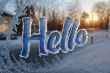 Closeup of 'Hello' in ice with cursive font on window, snowy landscape background with sunset glow.