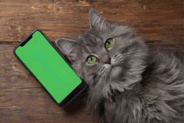 Adorable Gray Cat with Green Eyes Lying on Wooden Surface, Playfully Interacting with Smartphone, Rustic Wood Background