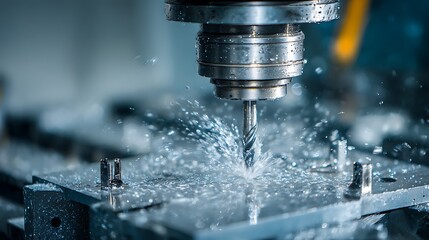 High quality image of cNC metal drilling machine process with water coolant splash in industrial workshop.