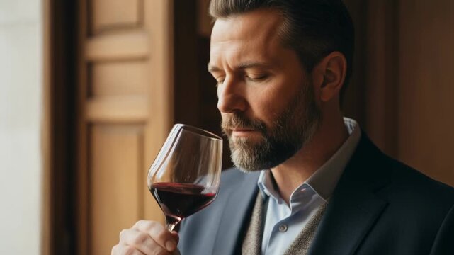 Elegant man wine tasting red wine sommelier gentleman suit beard aroma glass sipping�refined mood and warm light complete calm, intimate scene