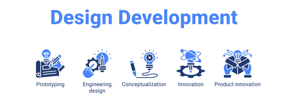Design Development web banner icon vector illustration concept ,  with icon of Prototyping, Engineering design, Conceptualization, Innovation.
