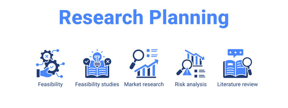 Research Planning web banner icon vector illustration concept ,  with icon of Feasibility, Feasibility studies, Market research, Risk analysis.
