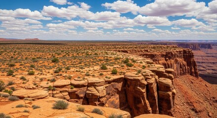 A vast, arid landscape with red rock formations and sparse vegetation, under a blue sky with white clouds.