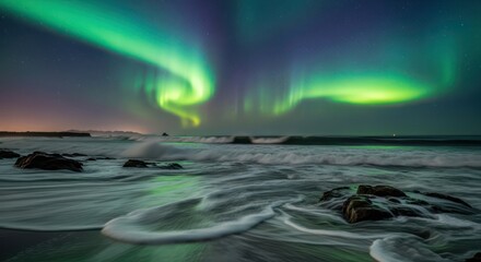 Ephemeral brilliance of aurora borealis shimmering above arctic waters and rugged coastline